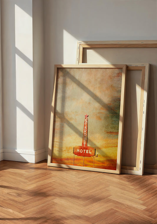 Marfa Stardust sign art print by Betsy Crum in a neutral frame — West Texas night sky