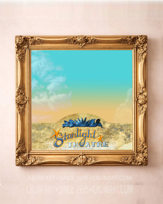Starlight Lounge Night Sky art print in a gold frame by Betsy Crum — square big bend art from Crum Art, available at crumart.com. This museum quality print is made right here in Texas.
