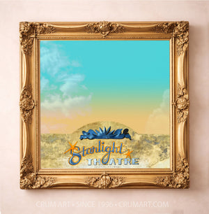 Starlight Lounge Night Sky art print in a gold frame by Betsy Crum — square big bend art from Crum Art, available at crumart.com. This museum quality print is made right here in Texas.
