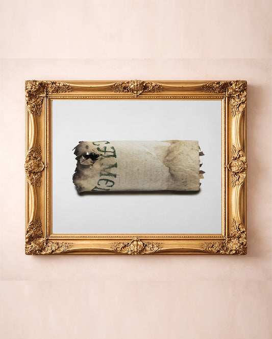 Mildred's Last Cigarette still life photograph by Betsy Crum in a gold frame — Camel unfiltered, Texas nostalgia art