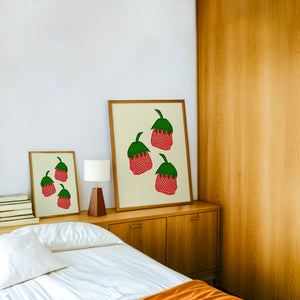 Strawberry Candy Nostalgia kitchen art print by Betsy Crum — framed in a wood-accent room