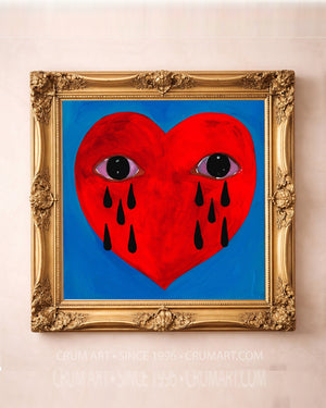 Crying Heart Folk Print art print in a gold frame by Caya Crum — square heart art from Crum Art, available at crumart.com. This museum quality print is made right here in Texas.