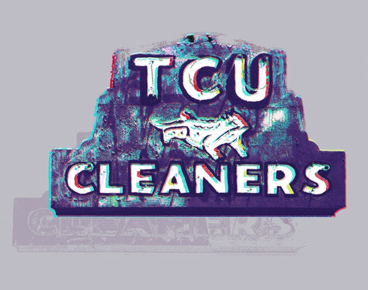 TCU Cleaners sign horizontal art print by Betsy Crum, purple Fort Worth neon sign with horned frog on a lavender background