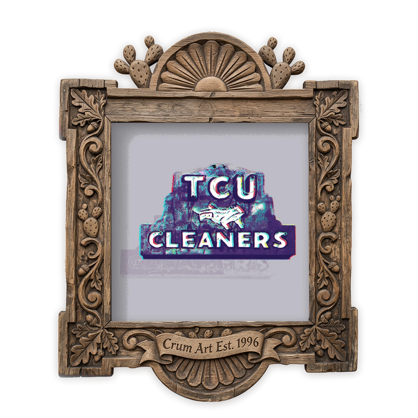 Fort Worth Art | TCU Cleaners Sign | Betsy Crum — art print in a carved wood frame, Crum Art