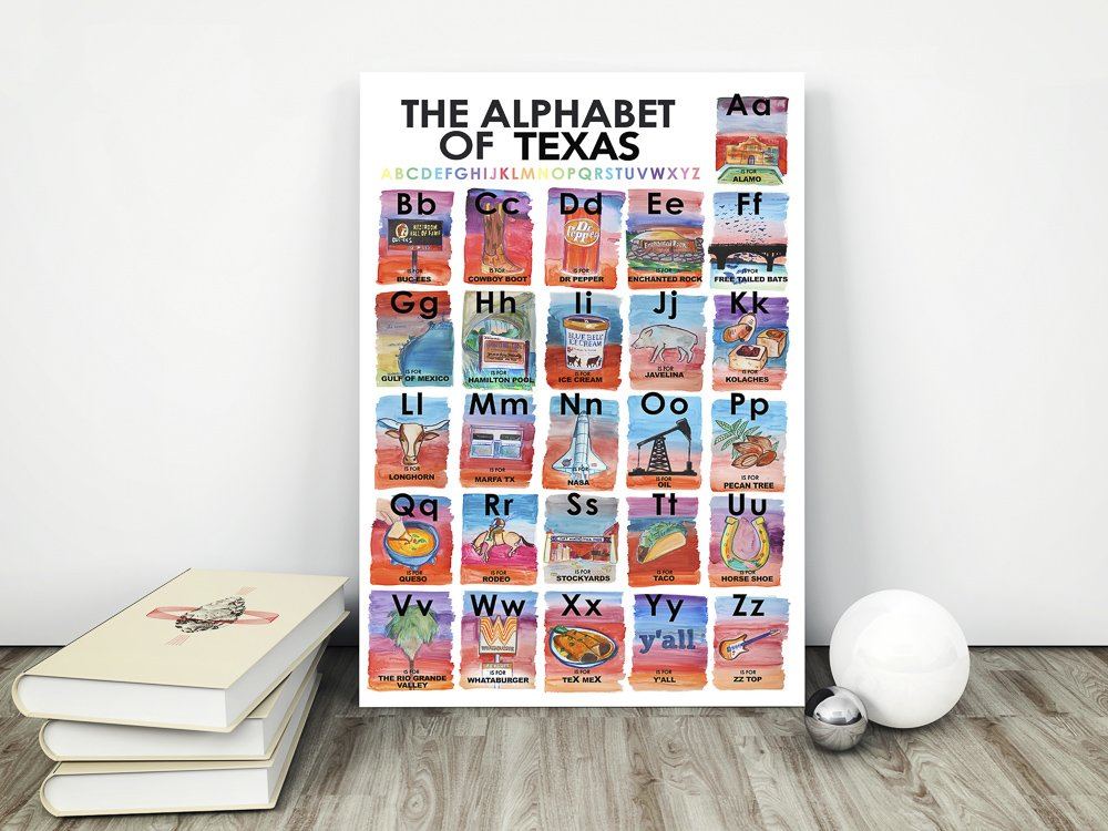 The Texas Alphabet Print featuring colorful watercolor illustrations representing Texas-themed elements from A to Z by artist Caya Crum.
