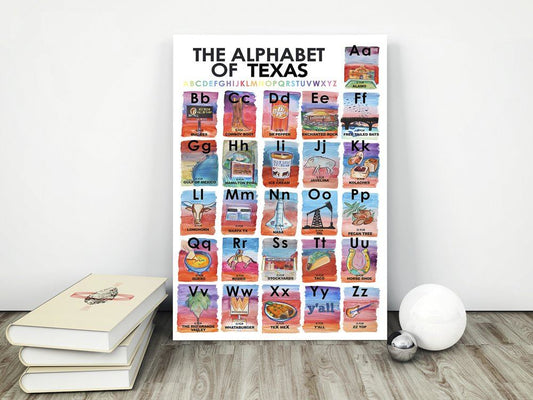 The Texas Alphabet Print featuring colorful watercolor illustrations representing Texas-themed elements from A to Z by artist Caya Crum.