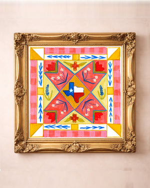 Bluebonnet Quilt Square art print in a square gold frame — Texas folk art by Caya Crum