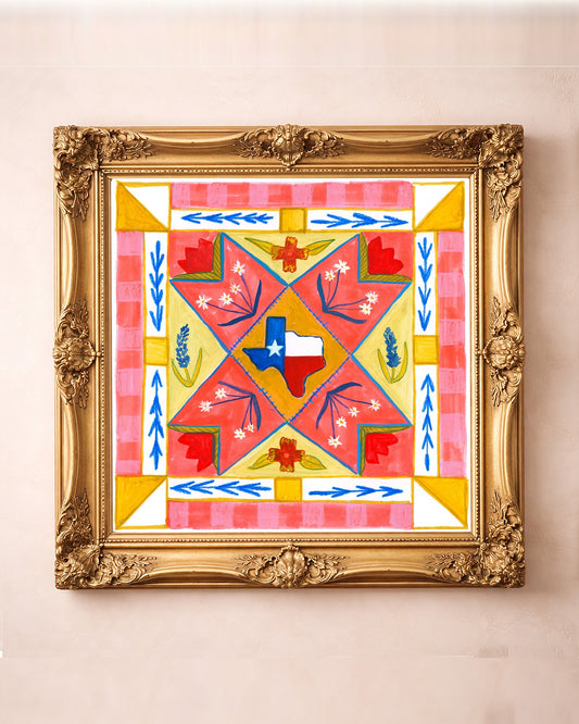 Bluebonnet Quilt Square art print in a square gold frame — Texas folk art by Caya Crum