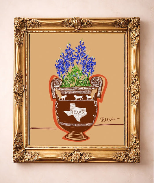 Bluebonnets in a Texas Urn — art print by Betsy Crum in a gold frame