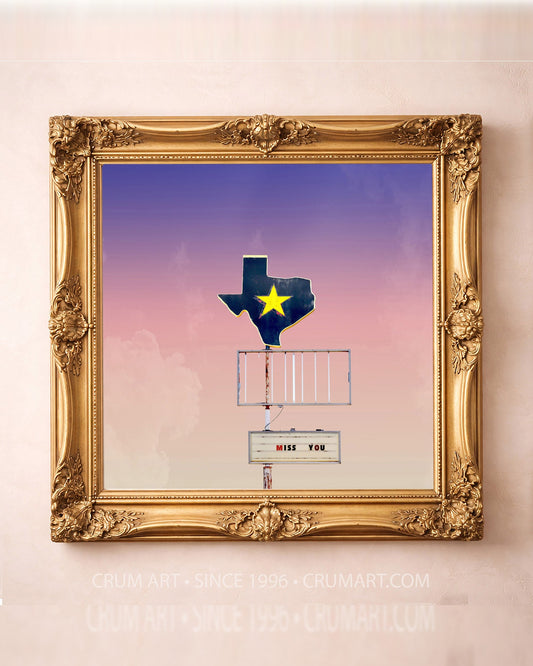 Texas Shaped Sign, Miss You — Texas art print by Betsy Crum in a square gold frame