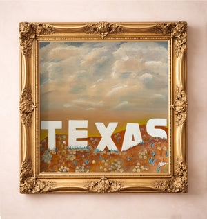 Texas Sign Over the Hill Country Sepia — art print by Betsy Crum in a gold frame