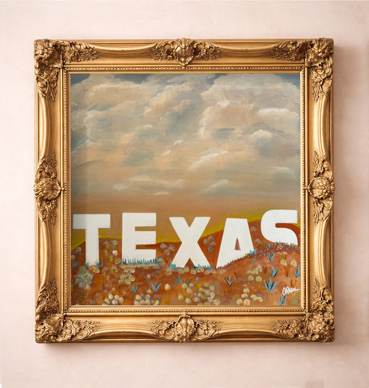 Texas Sign Over the Hill Country Sepia — art print by Betsy Crum in a gold frame