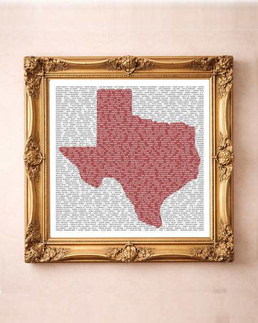 Texas Singer Songwriters — Texas art print by Carl Crum in a square gold frame