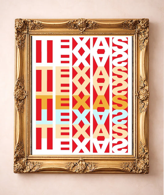 Texas Texas Texas Typography — art print by Betsy Crum in a gold frame