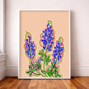 Texas bluebonnet art print with electric blue wildflowers, green stems, and bright pink background by Betsy Crum