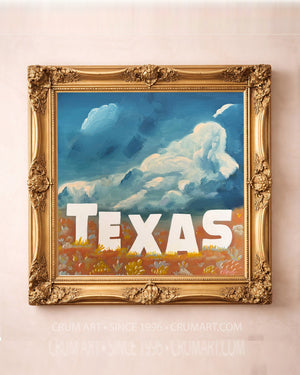 Hollywood Big Sky Print art print in a gold frame by Betsy Crum — square texas art from Crum Art, available at crumart.com. This museum quality print is made right here in Texas.