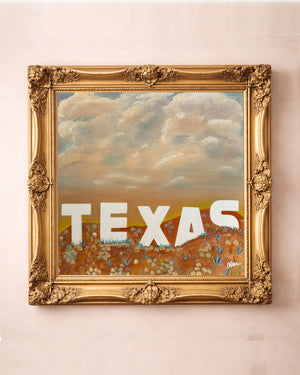 Texas Wall Decor Sepia Sunset Texas Sky Art Print by Betsy Crum, a matted archival art print in a gold frame inspired by cinematic Texas sunsets, big sky landscapes, and classic ranch-country style, available at crumart.com. This museum quality print is made right here in Texas.