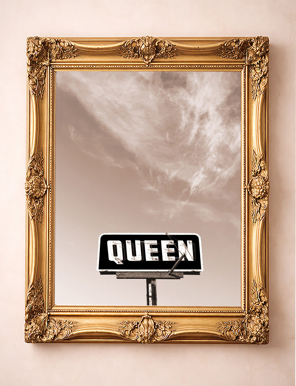Queen with a Big Sky sepia print by Betsy Crum — vintage Texas QUEEN sign photograph shown in a gold frame