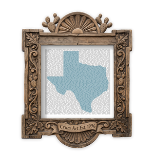 Texas Art | Texas Song Lyrics Map | Betsy Crum — Blue — art print in a carved wood frame, Crum Art