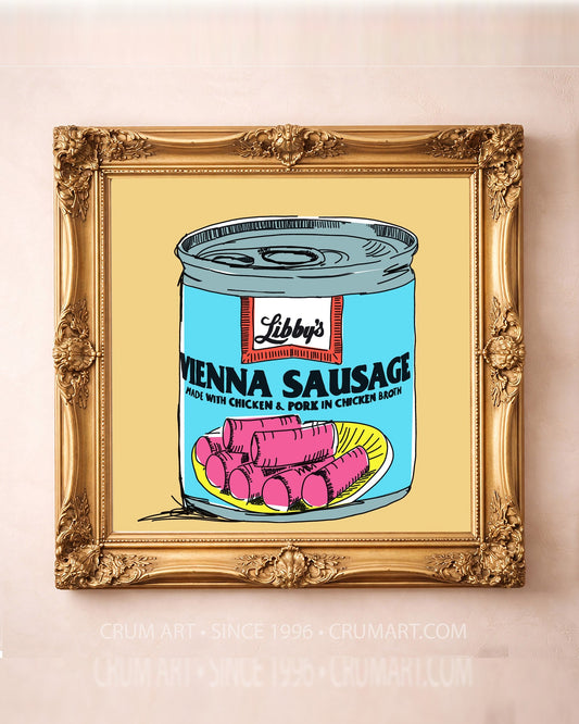 Vienna Sausage Weirdcore art print in a gold frame by Betsy Crum — square kitchen art from Crum Art, available at crumart.com. This museum quality print is made right here in Texas.