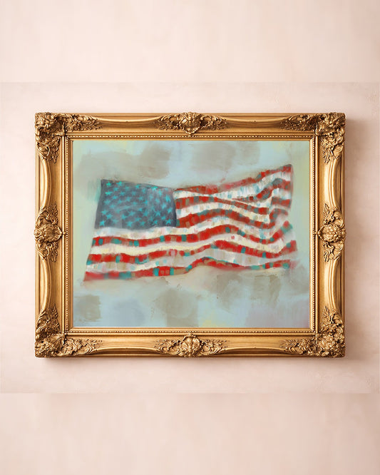 Painterly American flag art print by Betsy Crum in a gold frame, preppy Americana wall decor