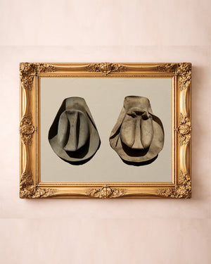 Rancher Comp Arnold's Cowboy Hats western art print by Carl Crum — in a gold frame