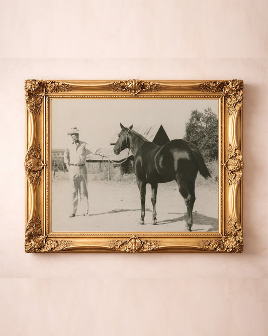 JY Crum Rancher western art print by Carl Crum — in a gold frame