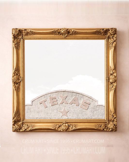 Marfa Building Print art print in a gold frame by Betsy Crum — square west texas art from Crum Art, available at crumart.com. This museum quality print is made right here in Texas.