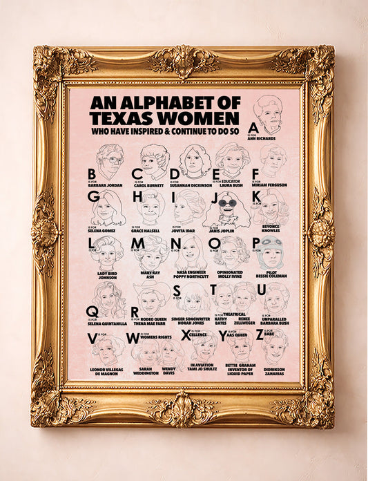 Alphabet Of Texas Women shown framed by Crum Art