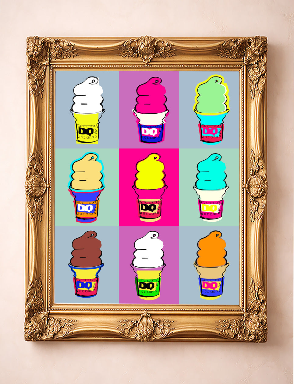 DQ Warhol grid ice cream cone art print by Betsy Crum in a gold frame