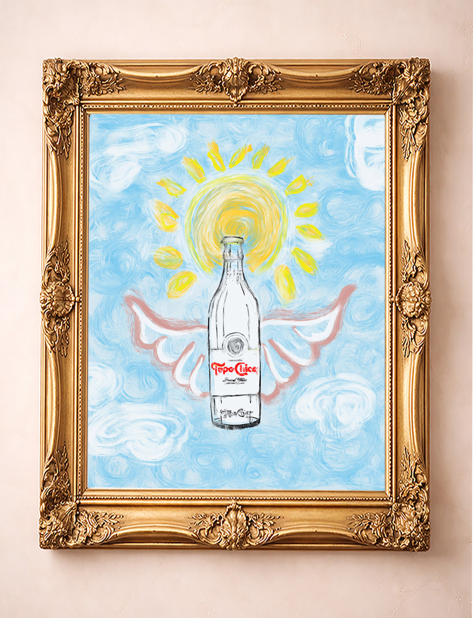 Topo Chico with butterfly wings whimsical art print by Betsy Crum in a gold frame