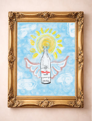 Topo Chico with butterfly wings whimsical art print by Betsy Crum in a gold frame
