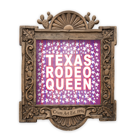 Texas Rodeo Queen — rodeo art print by Betsy Crum in a square carved wood frame