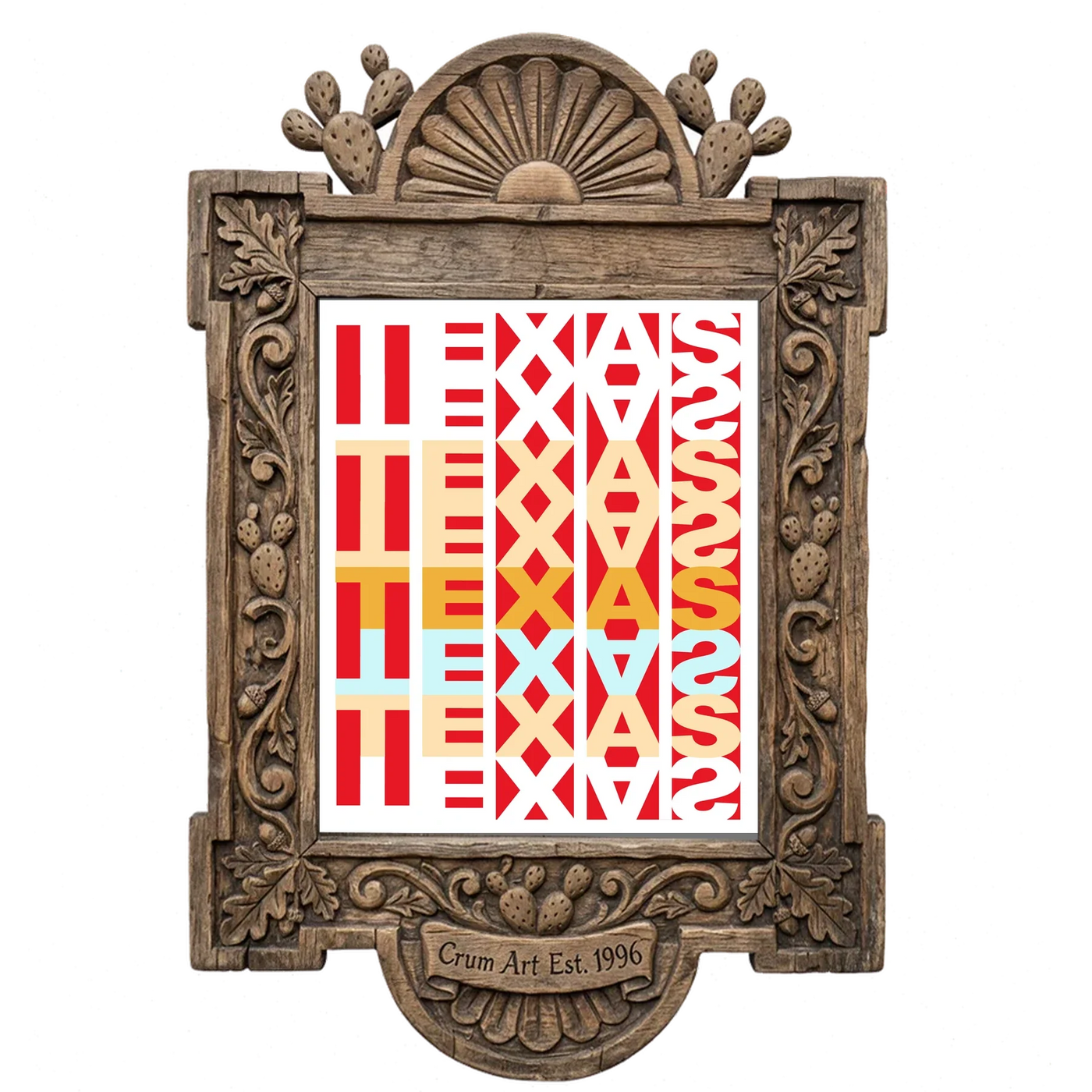 Texas Texas Texas Typography — art print in a carved wood frame, Crum Art
