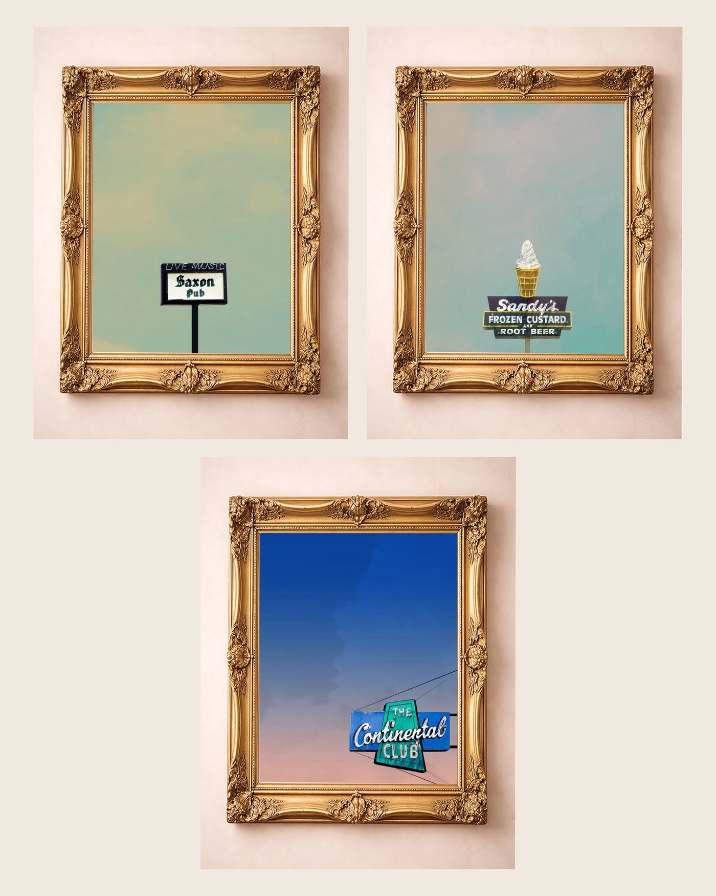 The Austin Neon Set — set of 3 wall art: Saxon Pub Print, Sandy’s Frozen Custard, Continental Club Print by Betsy Crum | Crum Art