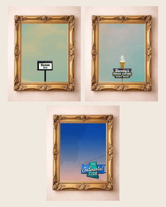 The Austin Neon Set — set of 3 wall art: Saxon Pub Print, Sandy’s Frozen Custard, Continental Club Print by Betsy Crum | Crum Art