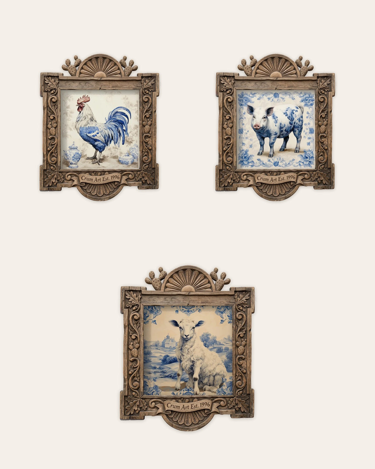 The Barnyard Set — set of 3 wall art: Blue & White Chicken, Blue & White Pig, Blue & White Lamb by Crum Art | Crum Art