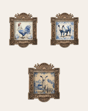 The Barnyard Set — set of 3 wall art: Blue & White Chicken, Blue & White Pig, Blue & White Lamb by Crum Art | Crum Art