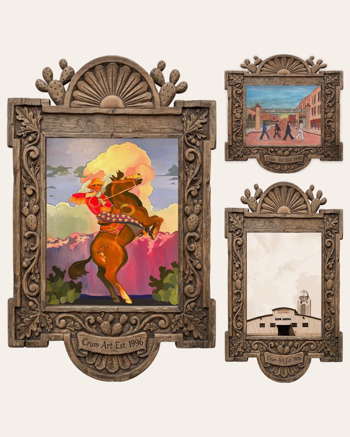 The Best Sellers Set — set of 3 wall art: Bucking Horse Rainbow Sky, Stockyards Beatles Crossing and Show Arena by Crum Art