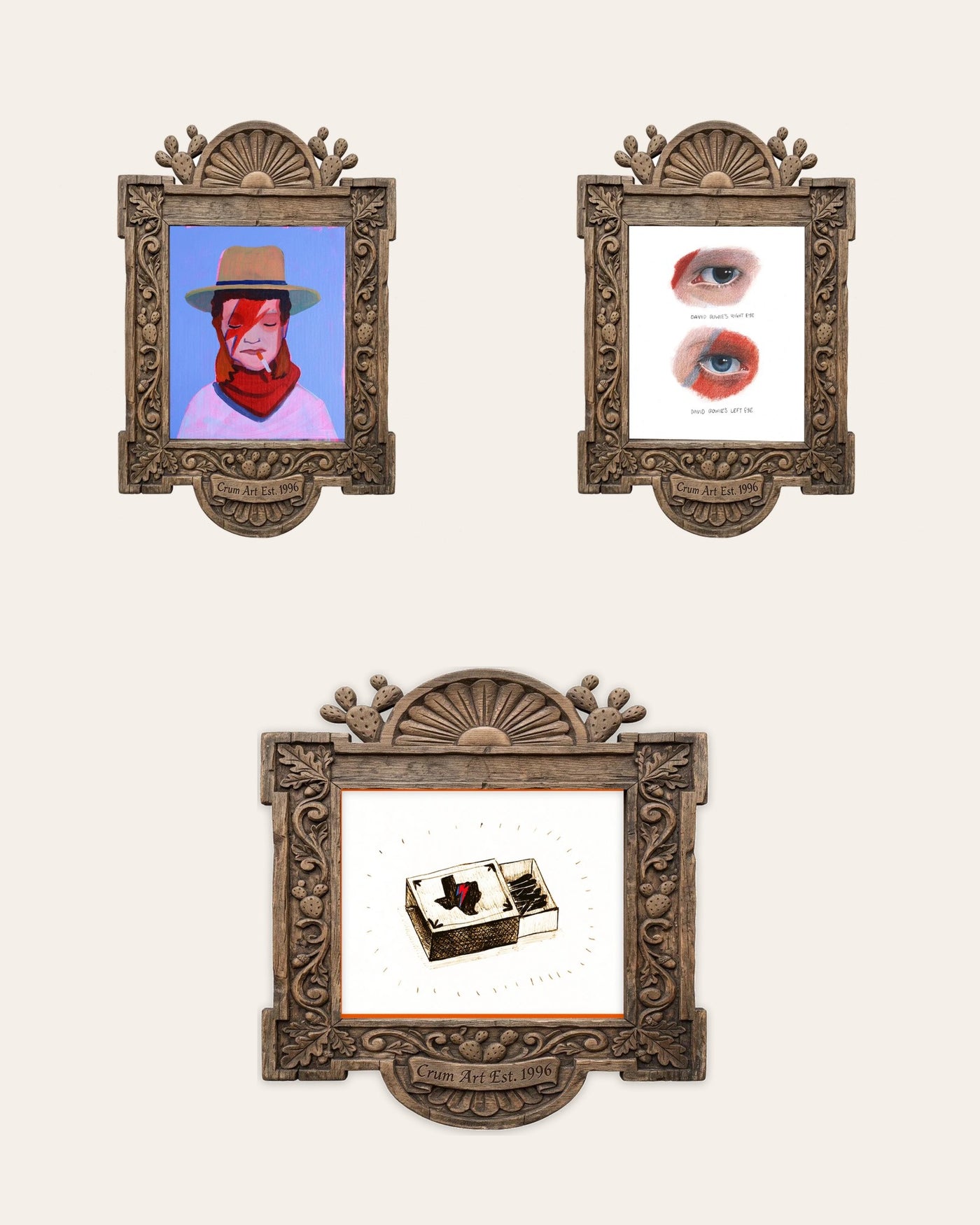 The Bowie Set — set of 3 wall art: Cowboy Bowie Print, Bowie Eyes Study, Bowie Texas Matchbox by Caya Crum | Crum Art