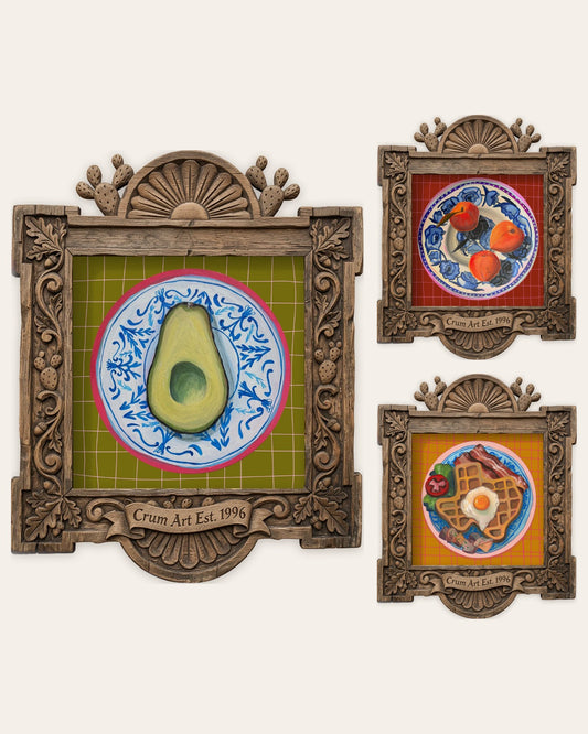 The Brunch Set — set of 3 wall art: Avocado on a Chinoiserie Plate, Parker County Peaches, Texas Breakfast Waffle by Caya Crum | Crum Art