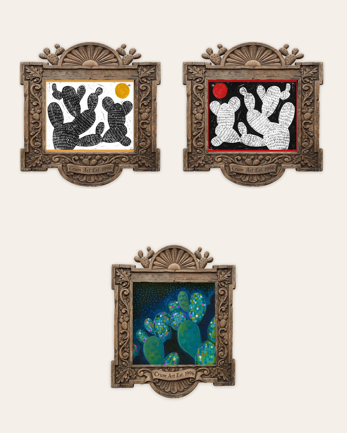The Cactus Set — set of 3 wall art: Cosmic Prickly Pear Yellow Sun, Cosmic Prickly Pear Red Moon, Disco Cactus by Caya Crum | Crum Art