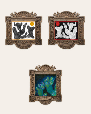 The Cactus Set — set of 3 wall art: Cosmic Prickly Pear Yellow Sun, Cosmic Prickly Pear Red Moon, Disco Cactus by Caya Crum | Crum Art