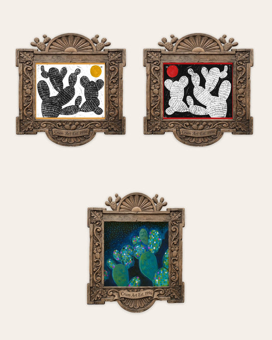 The Cactus Set — set of 3 wall art: Cosmic Prickly Pear Yellow Sun, Cosmic Prickly Pear Red Moon, Disco Cactus by Caya Crum | Crum Art