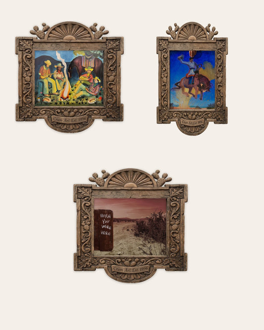 The Campfire Set — set of 3 western wall art prints by Crum Art in carved wood frames, Crum Art