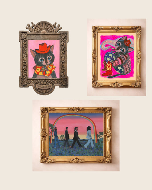 The Cat Set — set of 3 wall art: Smokey the Cowboy Cat, Rosie Cowgirl Cat, Abbey Road Print by Caya Crum | Crum Art