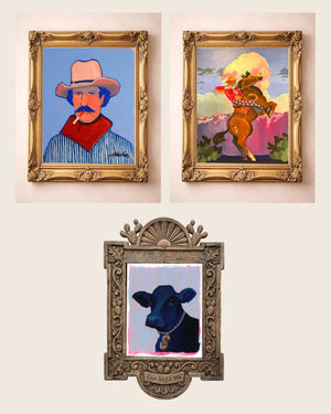 The Clyde Set — set of 3 wall art: Clyde, Bucking Horse Rainbow Sky, Money Cow Pink Pop Art by Caya Crum | Crum Art