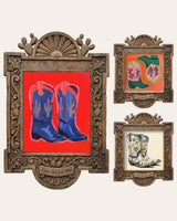 The Cowboy Boots Set — set of 3 wall art: Saguaro Cowboy Boots Blue & Red, Prickly Pear Cowboy Boots Orange, Chinoiserie Floral Cowboy Boots by Caya Crum | Crum Art