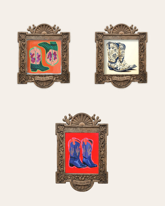 The Cowboy Boots Set — set of 3 wall art: Saguaro Cowboy Boots Blue & Red, Prickly Pear Cowboy Boots Orange, Chinoiserie Floral Cowboy Boots by Caya Crum | Crum Art