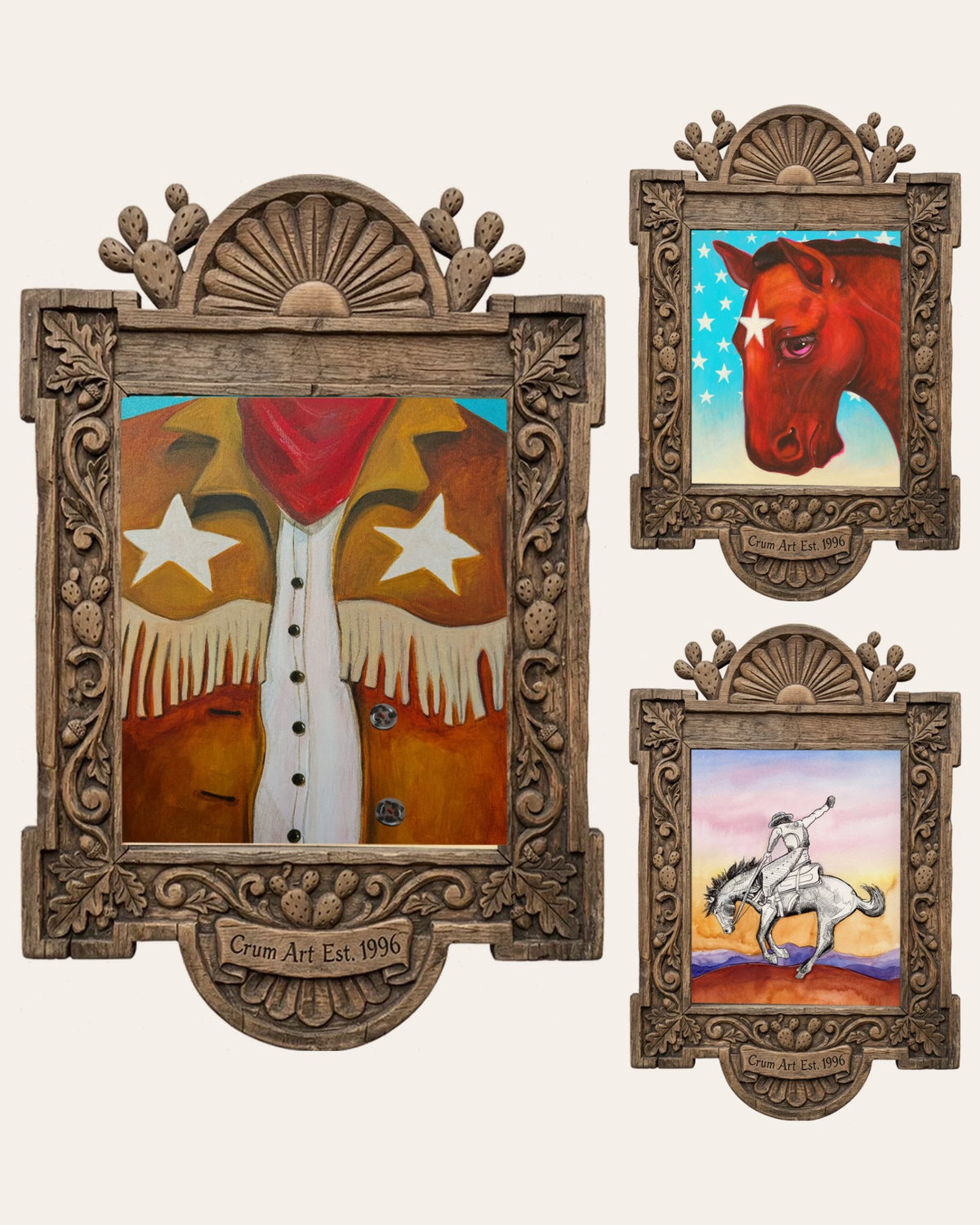 The Cowboy Stars Set — set of 3 wall art: Cowboy Stars Fringe Vest, Star Horse Dreamer, Bronc Buster Sunset by Caya Crum | Crum Art